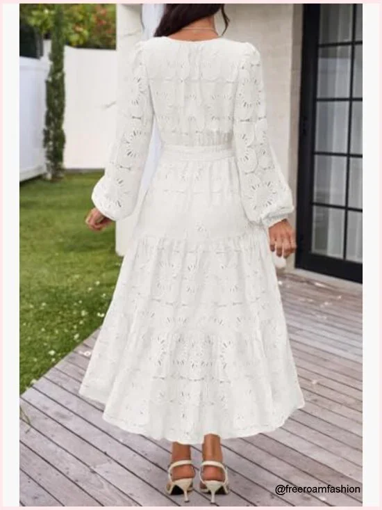 Long Sleeve Floral Maxi Dress with Pockets, Lace Eyelet Boho Formal - Picture 4 of 7